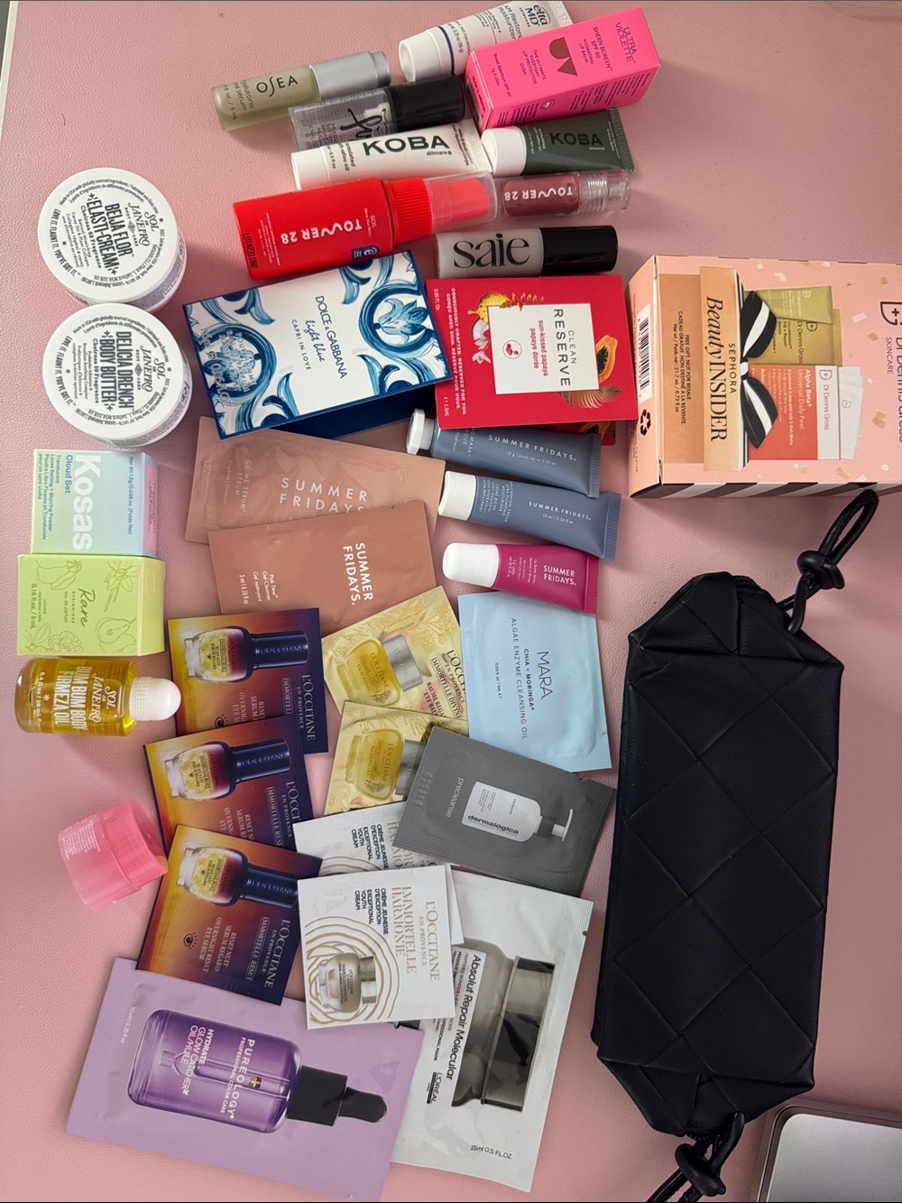 Beauty Sample Set with Black Quilted Pouch - Assorted Skincare & Makeup Minis